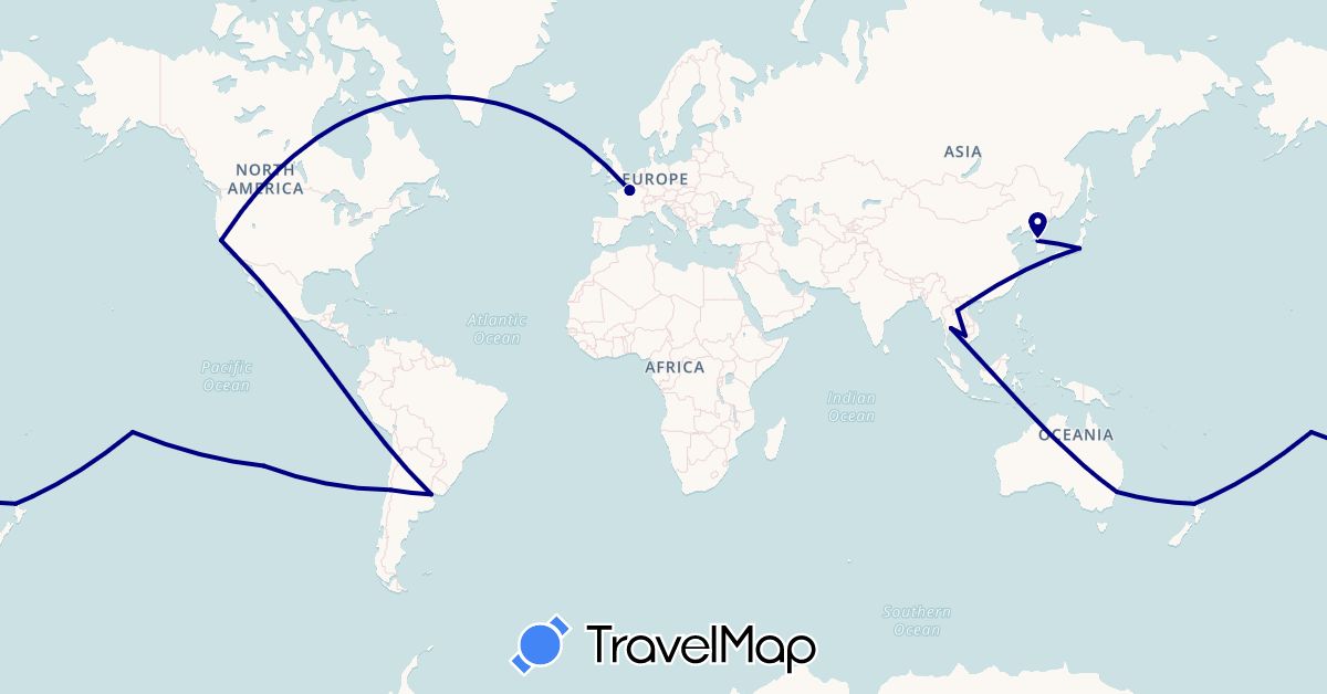 TravelMap itinerary: driving in Argentina, Australia, Chile, France, Japan, Cambodia, South Korea, Laos, New Zealand, French Polynesia, Thailand, United States, Vietnam (Asia, Europe, North America, Oceania, South America)